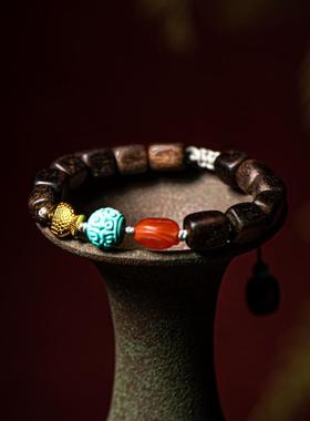 加里曼丹沉香手串DIY女款绿松石回纹珠南红富甲天下佛珠编织饰品