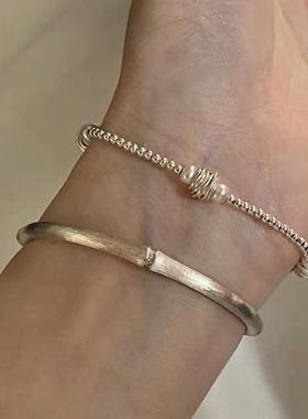 新中式实心通体S925纯银竹节皓石手镯清冷风简约百搭中式手饰