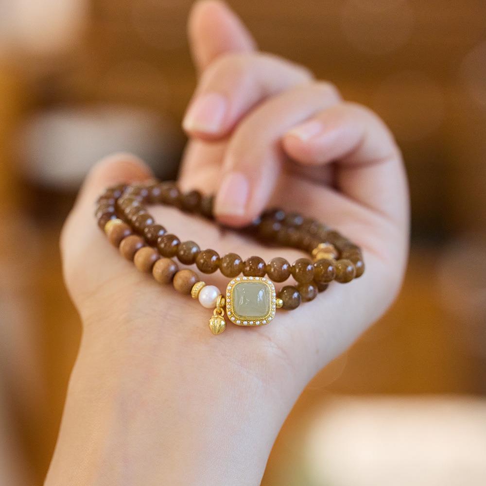 手工天然6MM双圈糖料和田玉圆珠手链老山檀和田玉柿柿如意手链