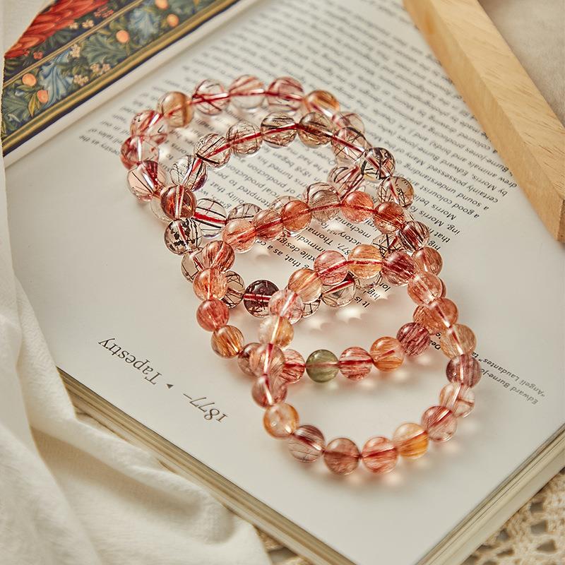 天然水晶红铜发手链男女红发晶珠子10mm晶体通透发晶单圈手串饰品