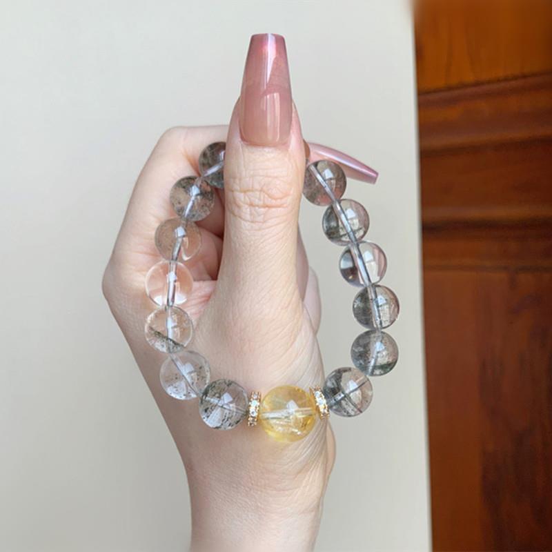 天然水晶手串绿幽灵圆珠12mm单圈手链搭配金发晶女款简约时尚