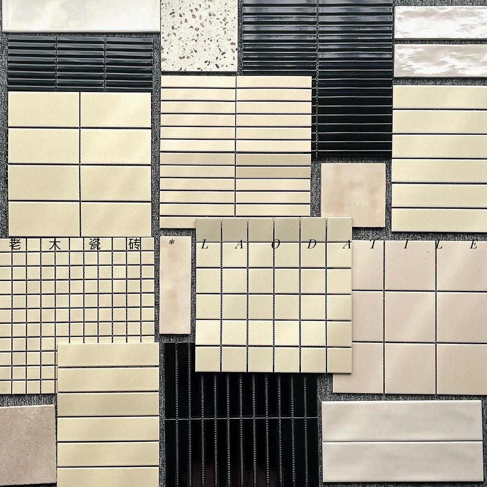 中古风卫生间米黄色马赛克瓷砖厨房墙砖奶油黄工装小方砖浴室地砖