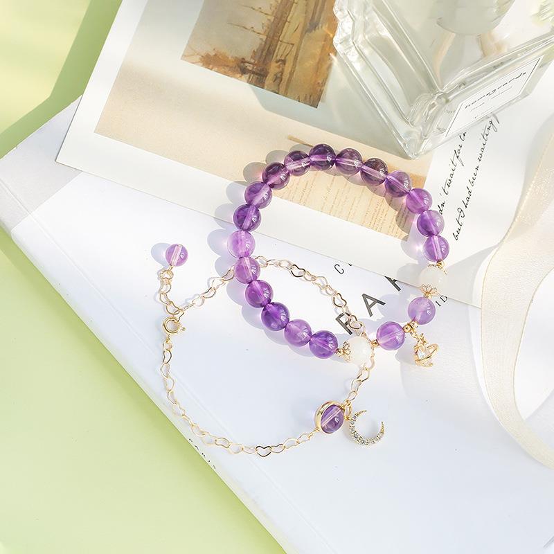 巧恩天然水晶紫水晶手链女DIY手工制作星月吊坠配饰月光石手串