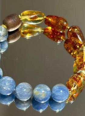 天然蓝晶石水晶原创多宝手串设计搭配琥珀招财转运国风百搭款情侣