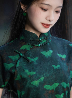 南风知送考古法旗袍女全开襟夏季绿色新中式连衣裙2026新款高级感