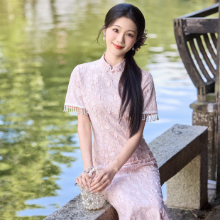 南风知秋款新中式订婚旗袍女复古风超好看短袖修身连衣裙日常可穿