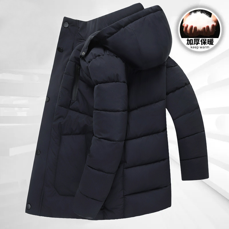 中老年冬季加厚加绒保暖棉服男中老年中长款休闲棉衣爸爸连帽棉袄