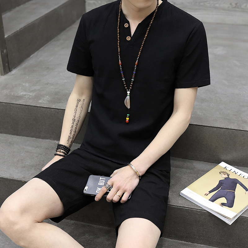 新款中老年人男装夏装套装 30-80岁爸爸纯棉服装老人爷爷夏季衣服