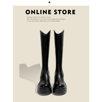 2025新款真皮厚底长筒靴V口长靴