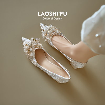 2026新款尖头水钻蝴蝶结粗跟单鞋