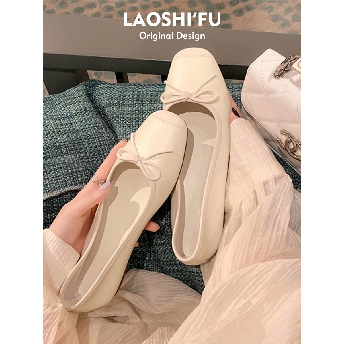 羊皮版~方头浅口蝴蝶结芭蕾舞鞋女甜美平软底法式复古真皮单鞋子