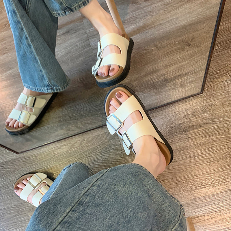 踩屎感~真皮博肯凉拖鞋女夏外穿2025新款双扣带厚底勃肯鞋半拖鞋