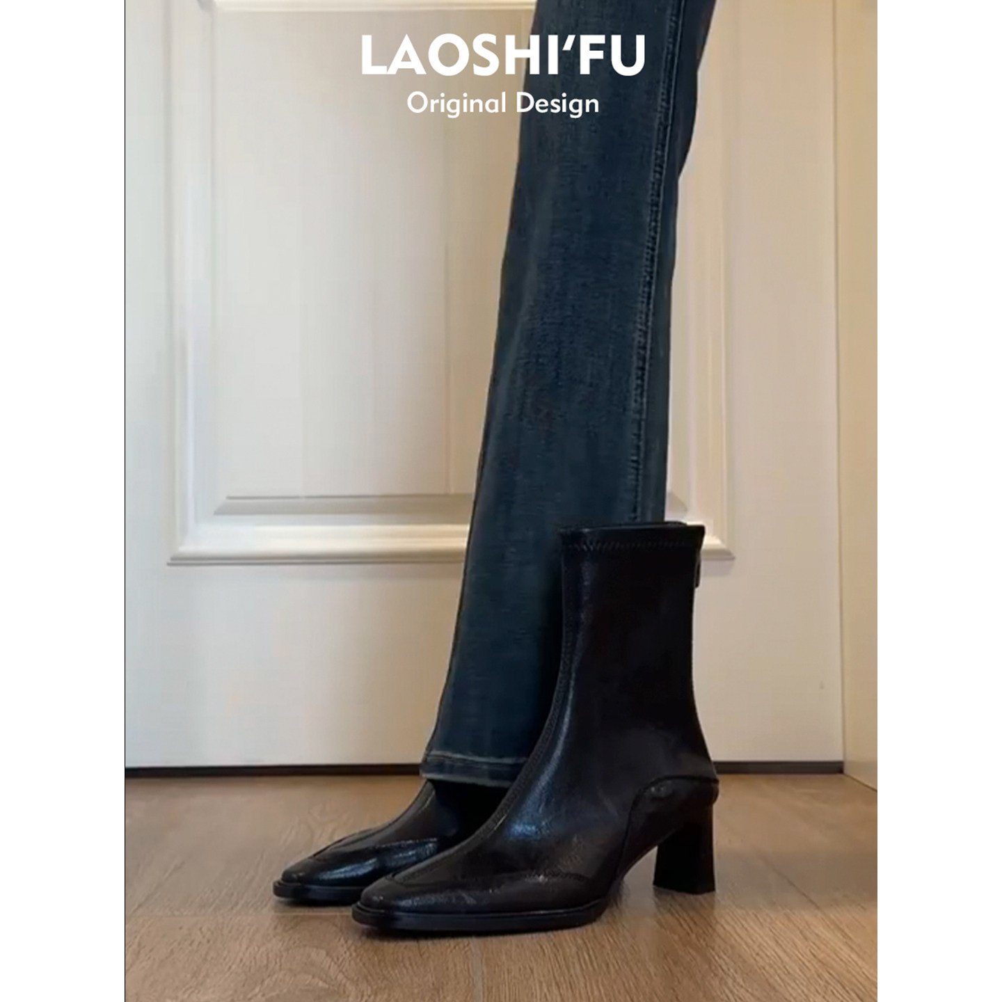 2026新款真皮法式方头高跟短靴女