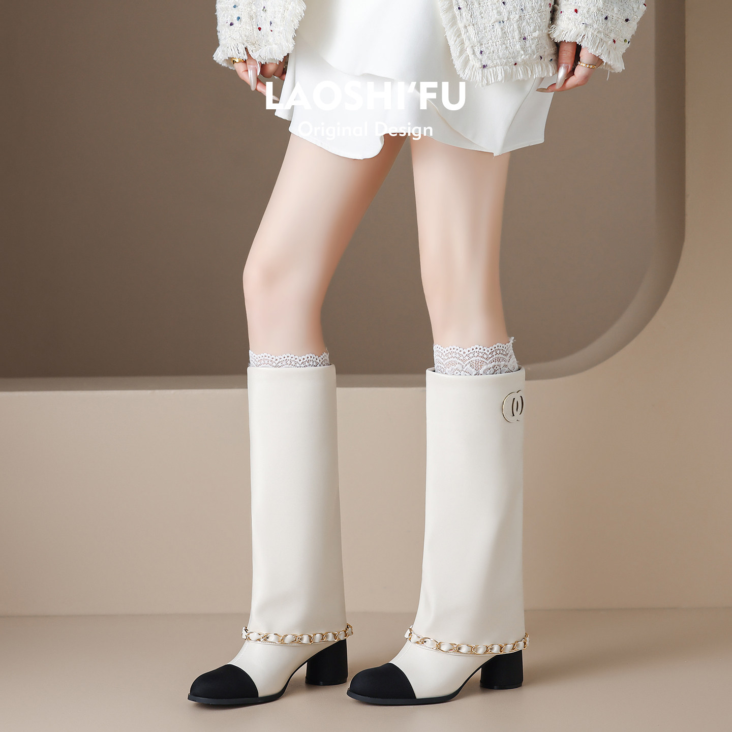 2026新款小香风粗跟链条长筒靴女