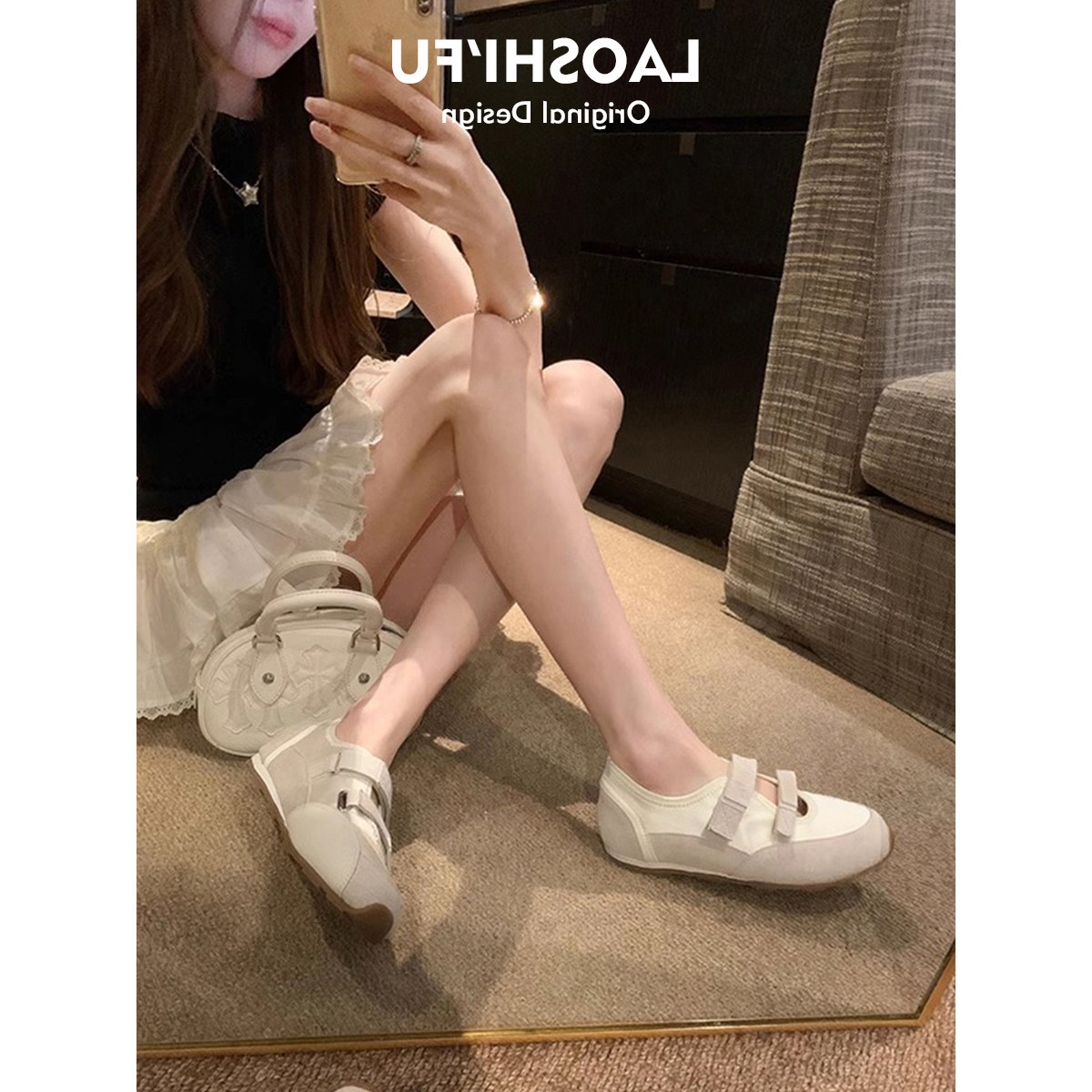 拼色镂空魔术贴内增高玛丽珍鞋女