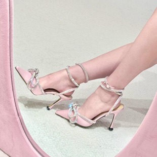 米西家粉色水钻绸缎高跟鞋2025秋冬新款尖头蝴蝶结细跟凉鞋宴会鞋