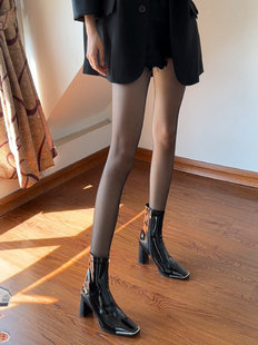 肯定同款漆皮短靴23秋冬新款黑色方头御姐高跟靴软皮侧拉链中筒靴