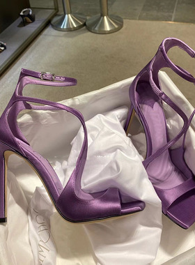 紫色缎面高跟鞋女2025春夏新款一字带细跟金色凉鞋露趾性感礼服鞋