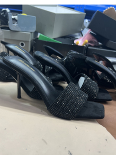 方头黑色性感细跟凉拖鞋 一字带水钻高跟鞋 新款 女外穿2023夏季 拖鞋