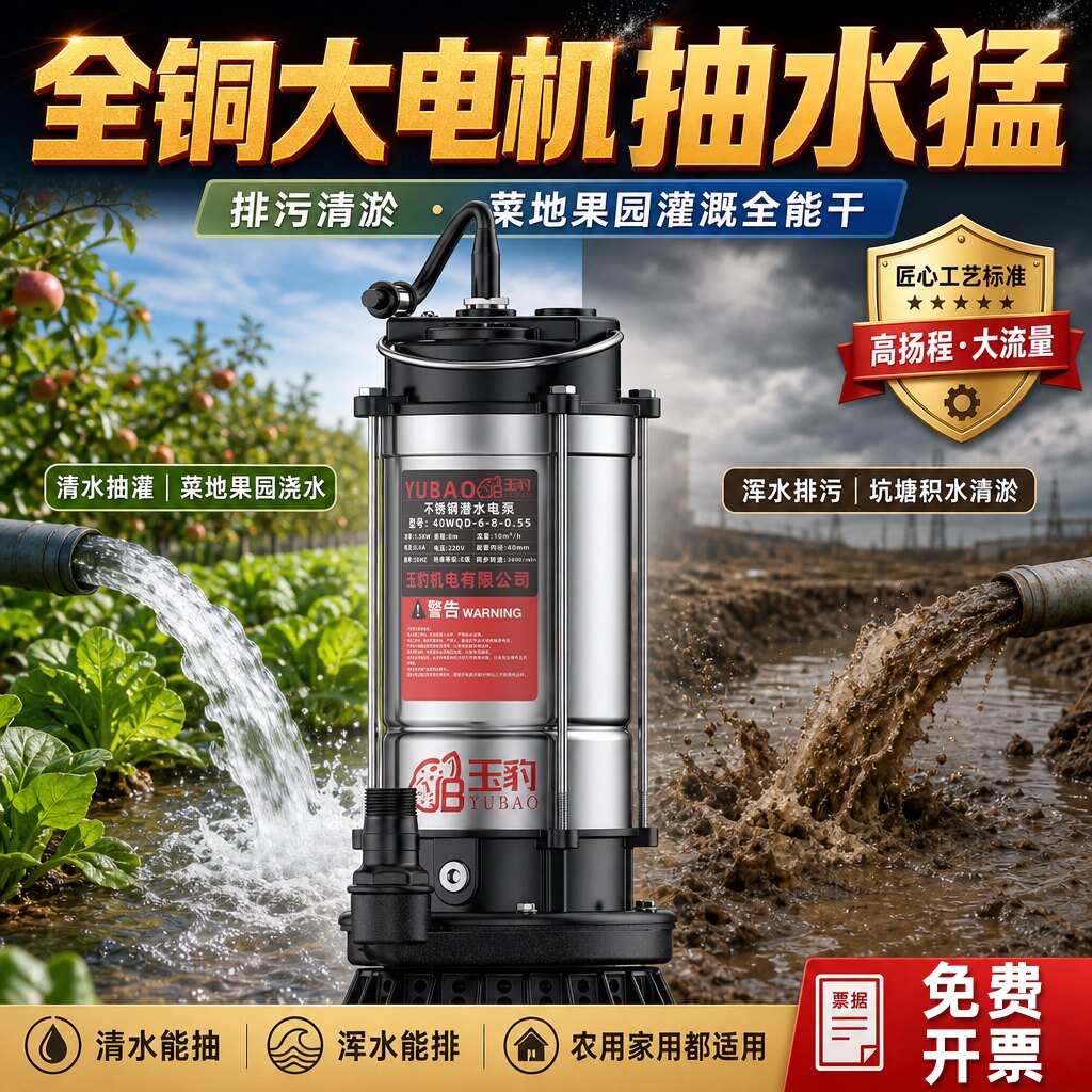 玉豹潜水泵铜线220V小型大功率高扬程大流量家农用井水灌溉抽水