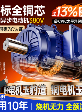 全铜三相异步电动机0.75/1.1/1.5/2.2/3/4/5.5/7.5KW电机380V三相