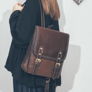 Daben Widod英伦风复古豹纹双肩包大容量通勤电脑书包旅游背包皮