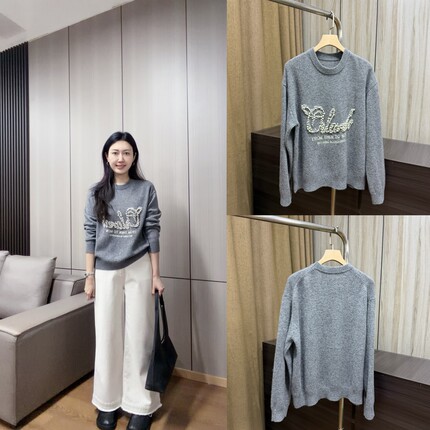 丽的城3675圆领灰色宽松钉珠长袖毛衣针织衫