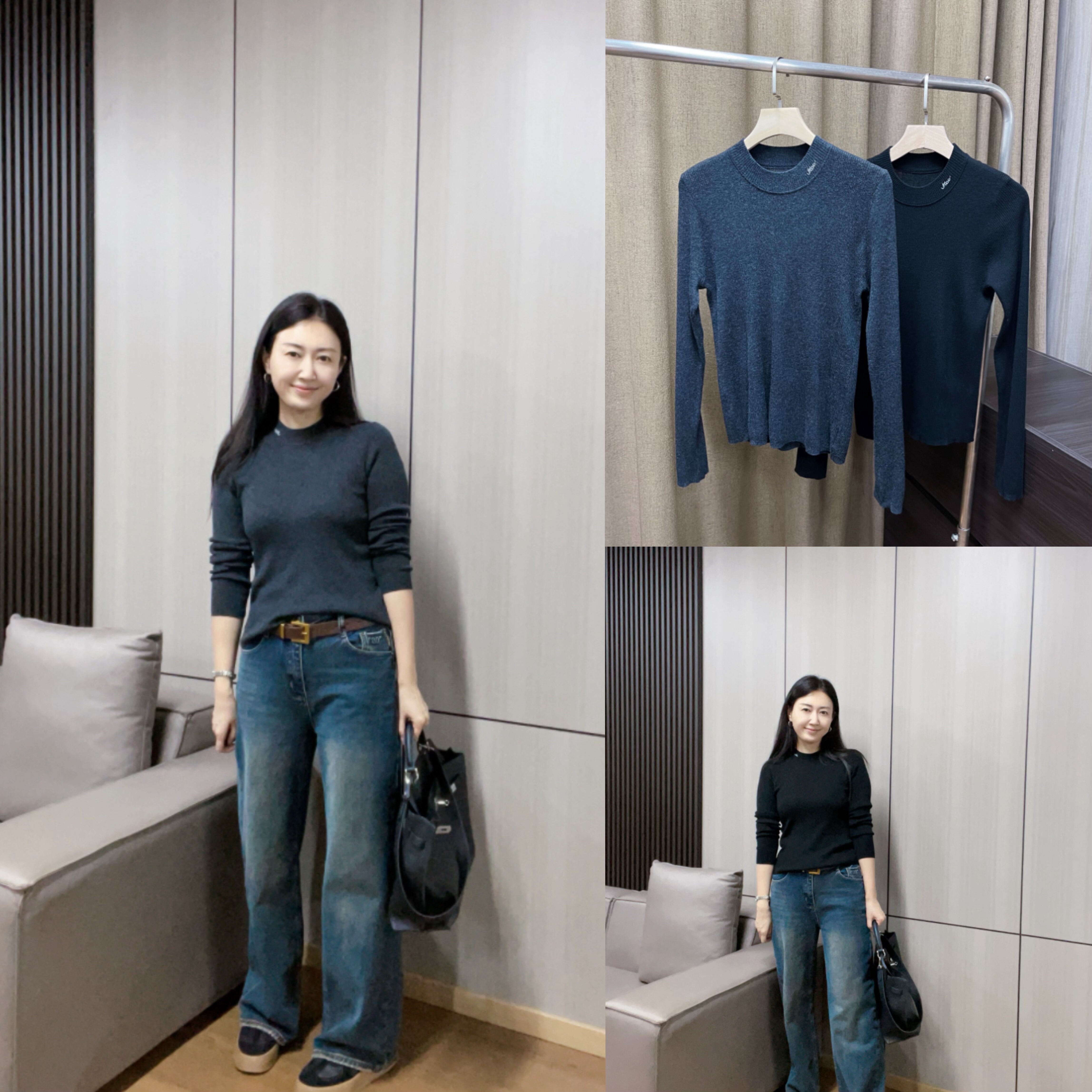 丽的城5736领口刺绣纯色长袖显瘦针织衫