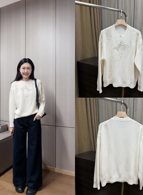 丽的城3697镂空白色长袖毛衣针织衫
