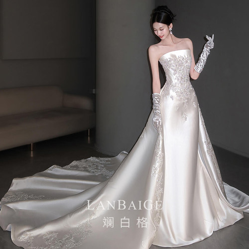 复古气质抹胸鱼尾婚纱长拖尾蕾丝