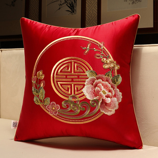 速发抱枕房婚靠垫新中式红色刺绣喜字枕抱一对婚庆结婚用品婚结靠