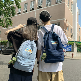 韩版森系女文艺古着感书包做旧水洗书包牛仔学生男背包学院双肩包