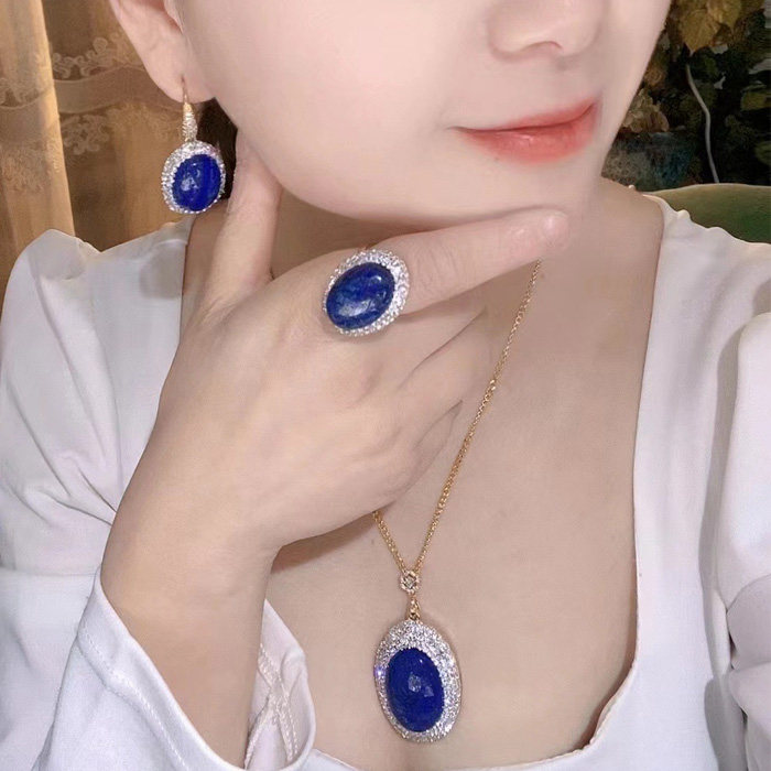 新款宝石青金石戒指耳环项链女高档手工镶嵌捷克钻三件套百搭气质