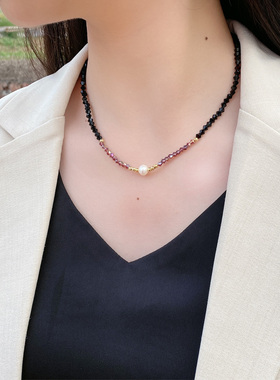 黑色水晶淡水珍珠项链女