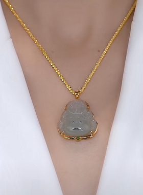 新款925银镶嵌翡翠笑佛吊坠