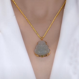 新款925银镶嵌翡翠笑佛吊坠时尚女款项坠挂件天然缅甸玉石佛 公玉