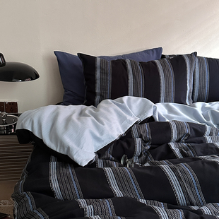 高级感全棉提花条纹床上四件套2026新款 侘寂风床品 被套床单床笠款