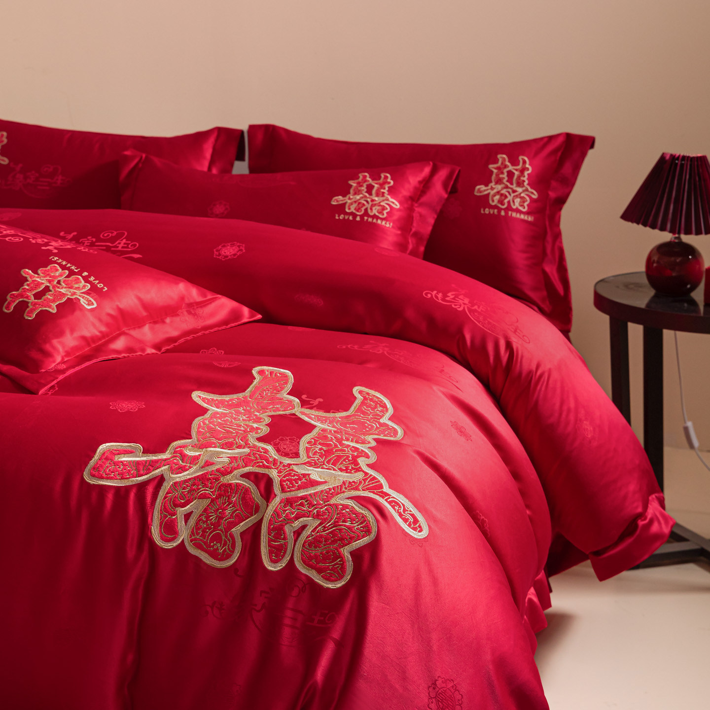 一囍迎门~婚庆四件套红色结婚床上用品刺绣被套婚礼陪嫁喜被床笠
