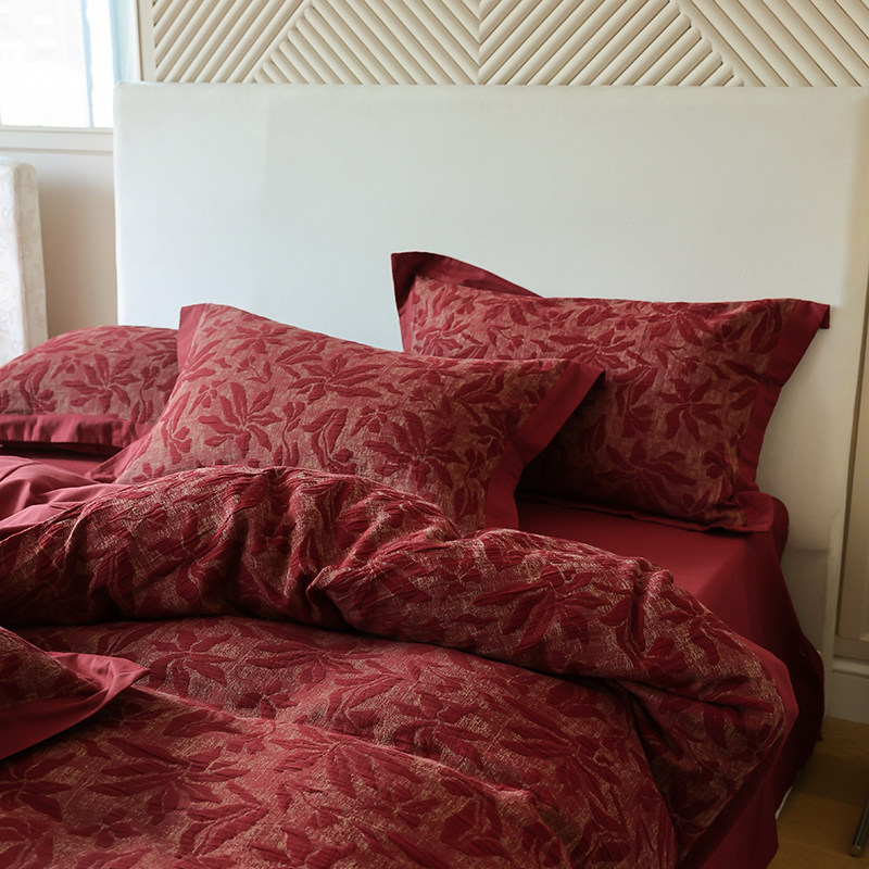 高级感全棉色织提花婚庆四件套红色喜庆结婚床上用品纯棉婚房婚礼