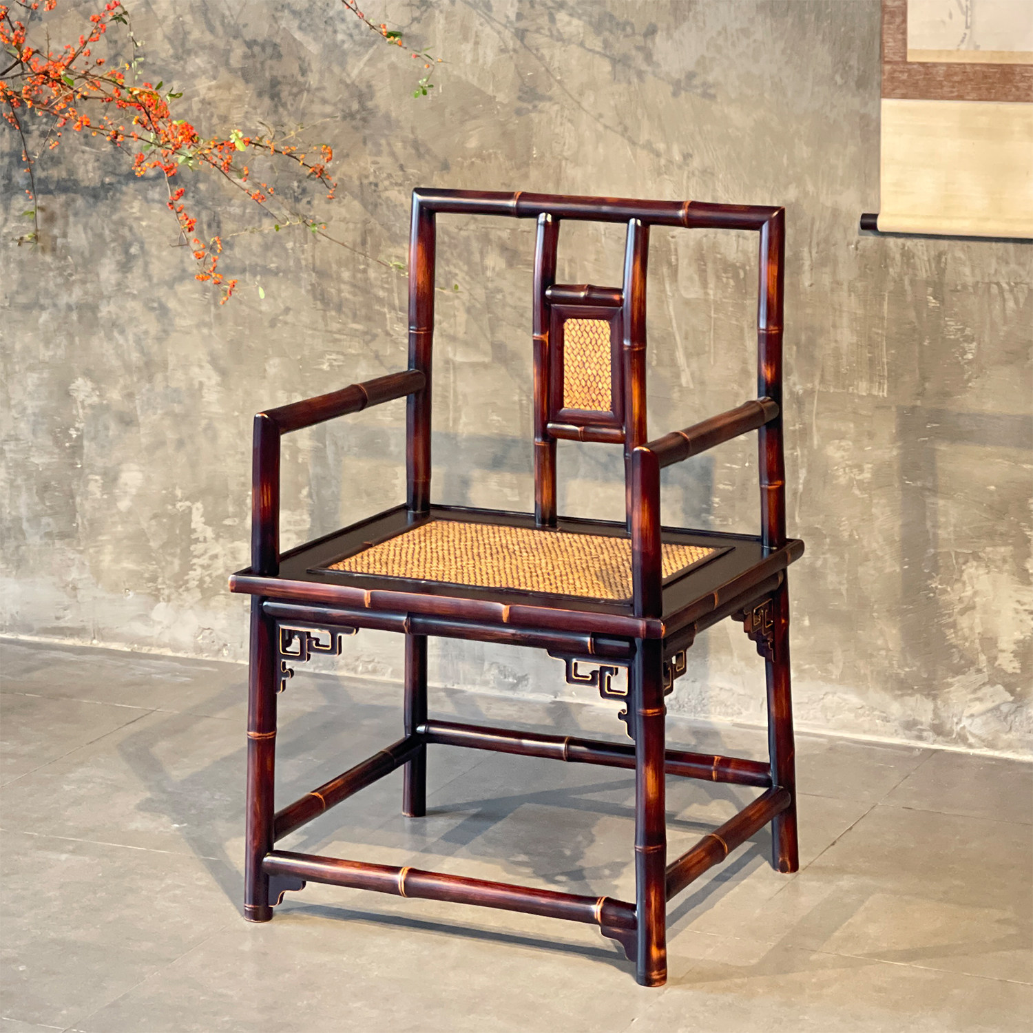 宋屏南官帽椅（红竹）竹老表手工圆竹仿古明式太师椅茶室椅扶手椅