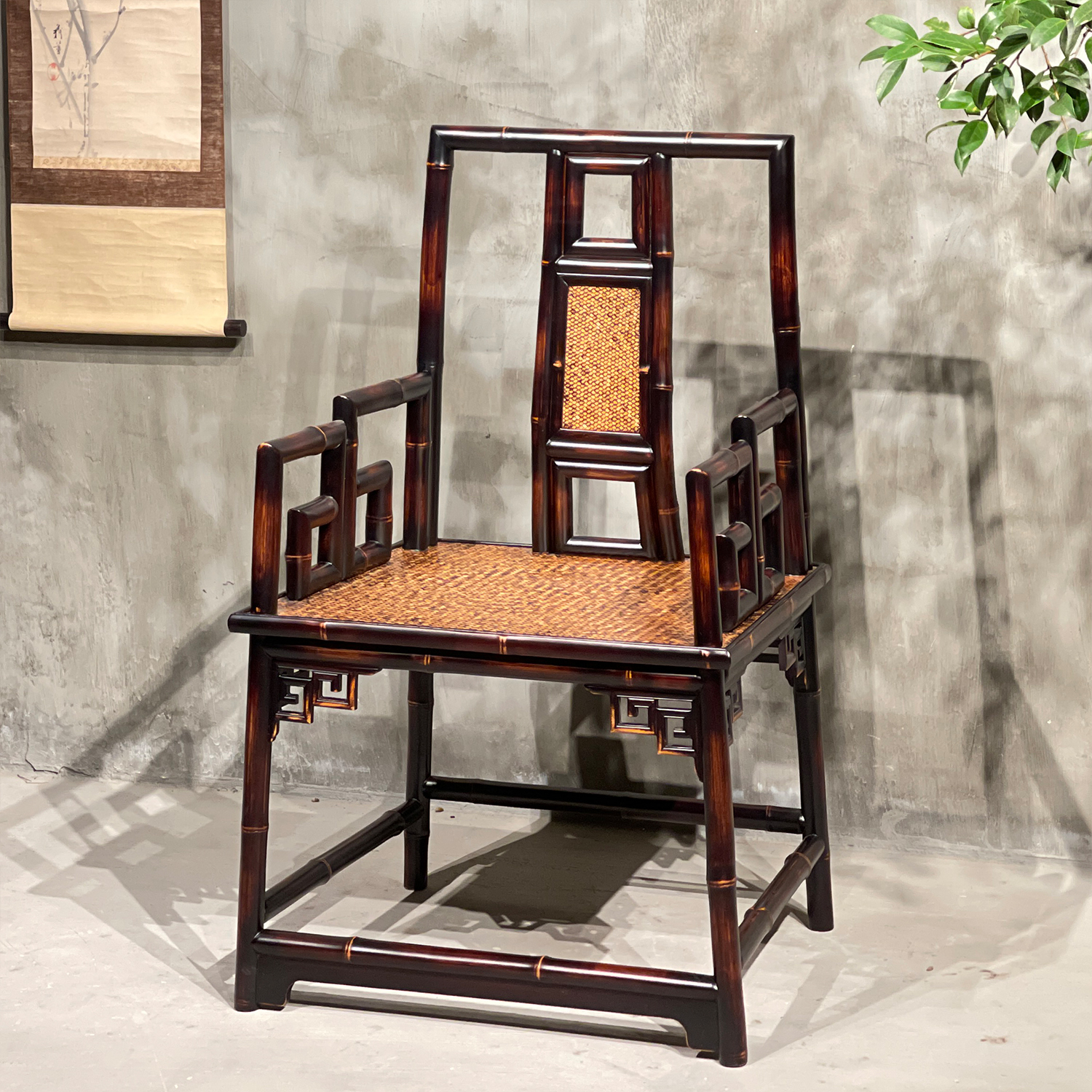 明式南官帽椅(红竹)竹老表手工圆竹仿古中式太师椅茶室椅扶手椅