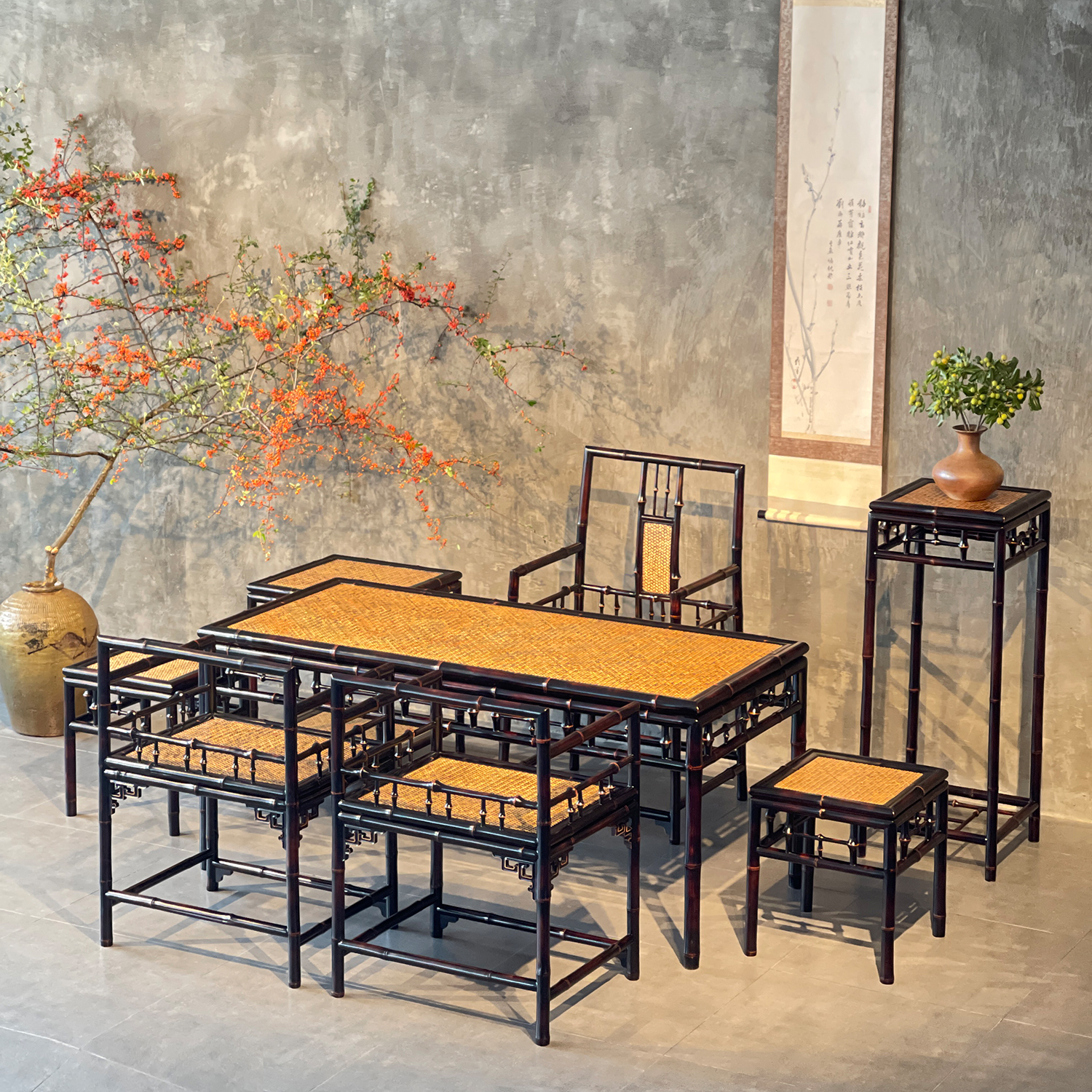 竹老表茶桌套装仿古明式茶桌椅凳