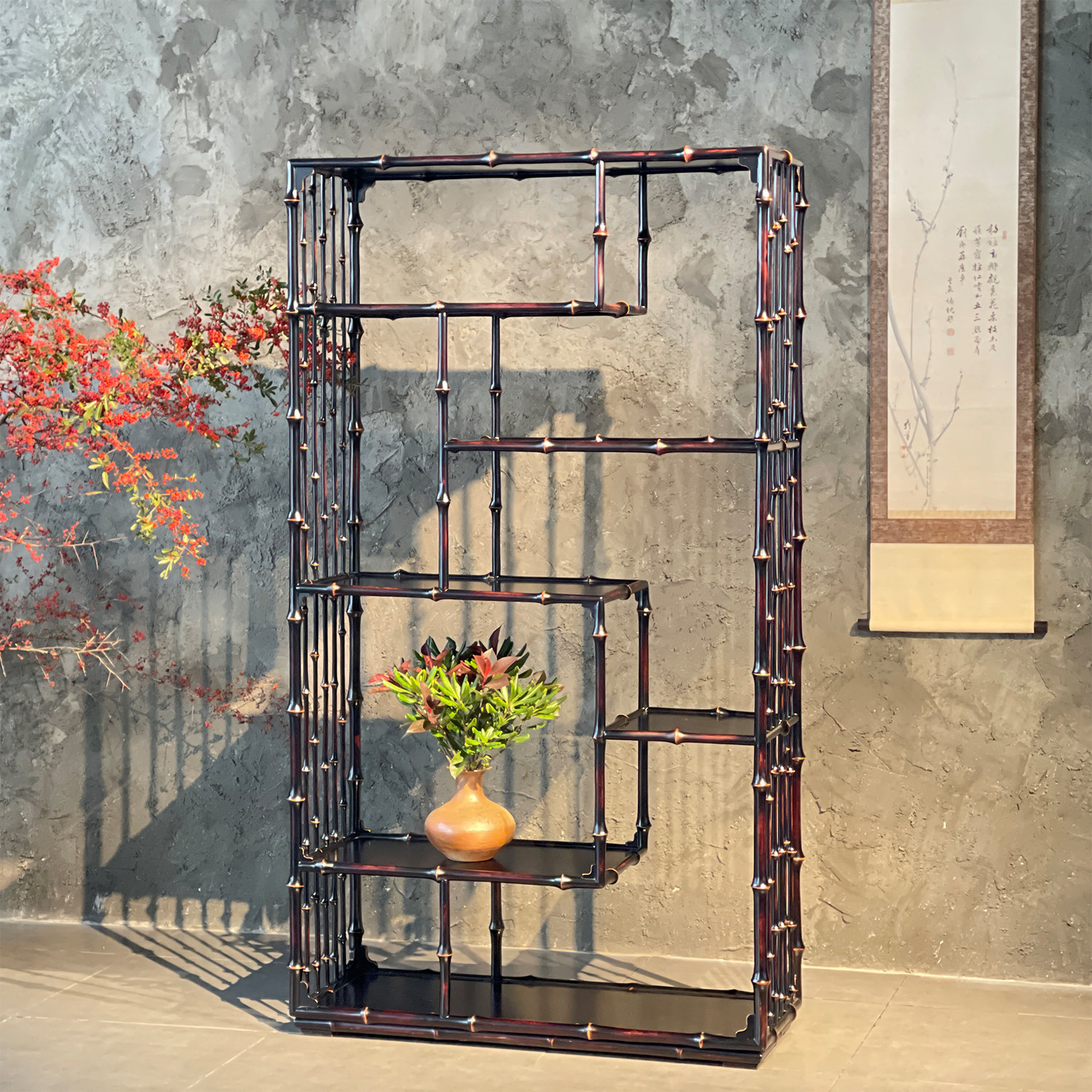 明式博古架（筇竹）竹老表手工圆竹仿古多宝格中式格架展架置物架