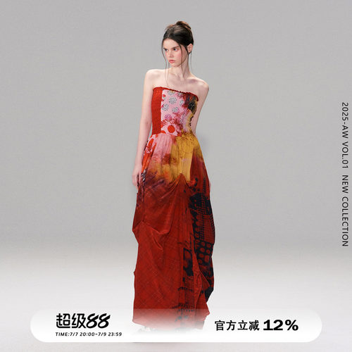 复古红抹胸裙辣妹印花连衣裙