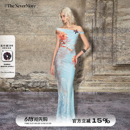 TheNeverMore一字肩印花收腰吊带连衣裙夏季海岛度假显瘦鱼尾长裙