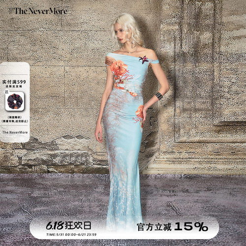 TheNeverMore一字肩印花收腰吊带连衣裙夏季海岛度假显瘦鱼尾长裙