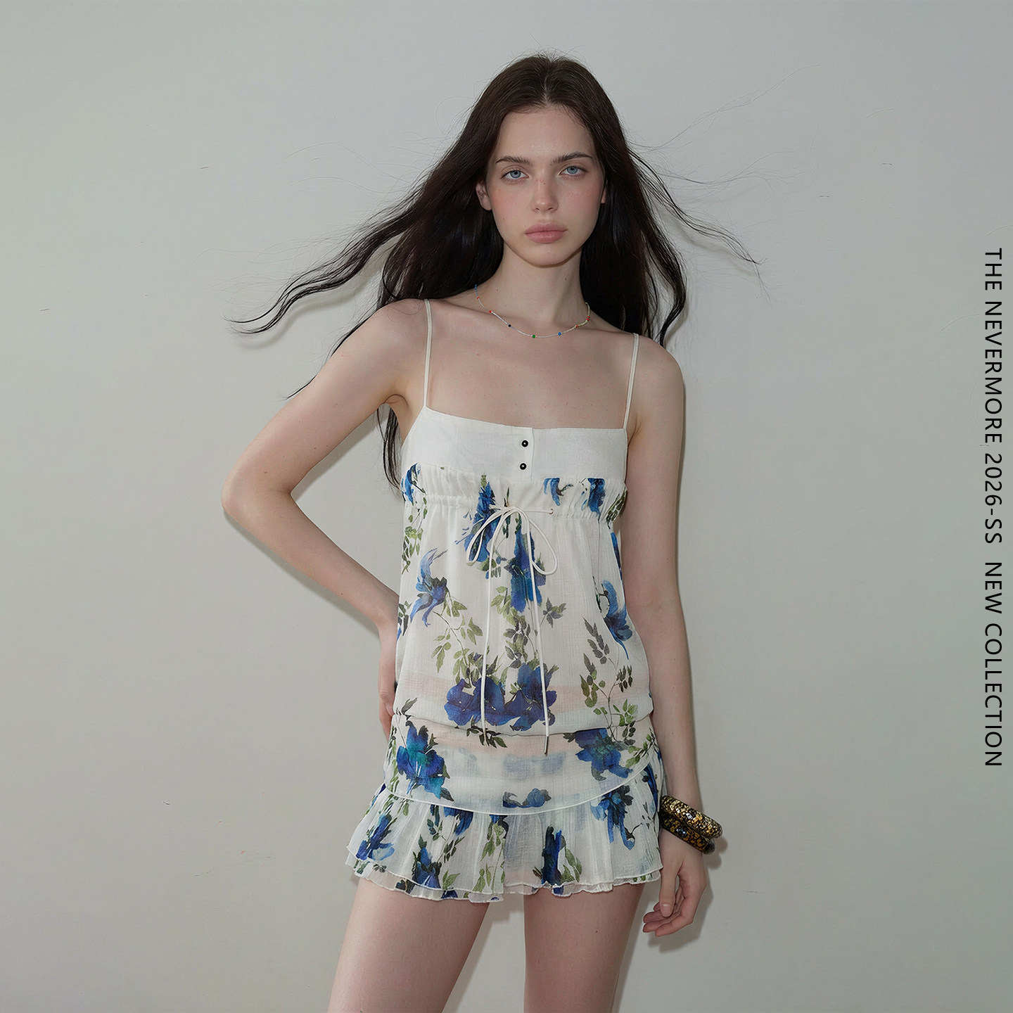 The NeverMore「昨日青空」复古印花套装女吊带半身裙辣妹两件套