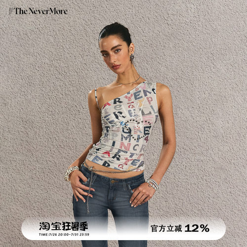 复古辣妹印花斜肩收腰T恤女