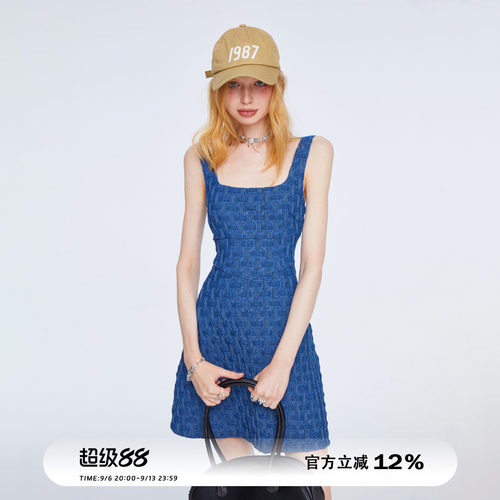 原创蓝色收腰修身吊带牛仔连衣裙
