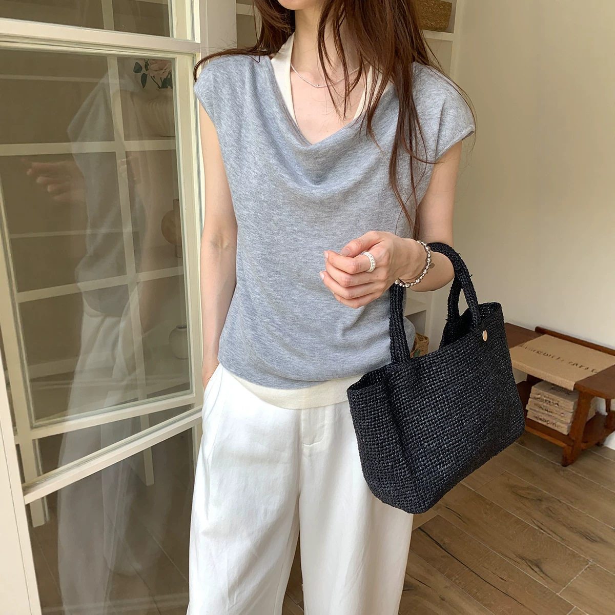 服饰2026新款夏季女装韩系慵懒垂感堆叠假两件短袖针织衫女